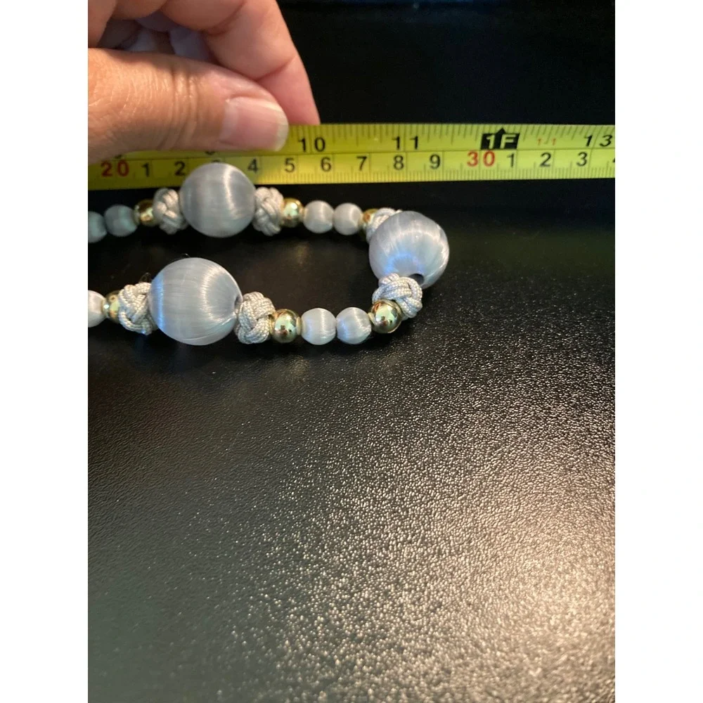 Vintage Gray Blue Cat's Eye Bead Necklace Gold Tone Nautical Knot 23
